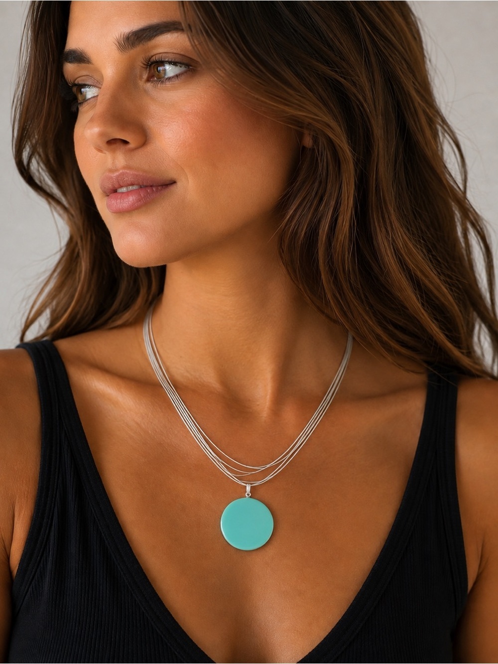 Silver Tone Necklace with Aqua Disc Pendant - Women Jewelry